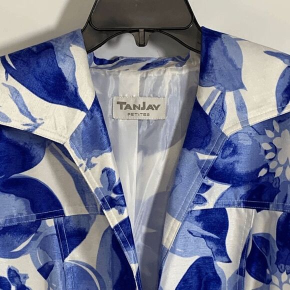 TanJay Womens Floral 3/4 Sleeve Open Front Cropped Jacket Blue White - Picture 3 of 10